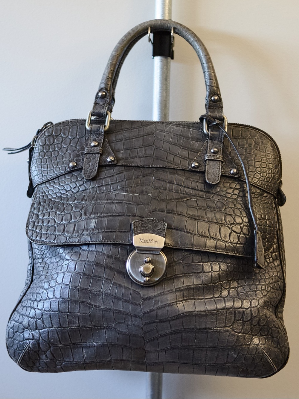 MaxMara Croc-Embossed Leather Top-Handle Satchel in Charcoal